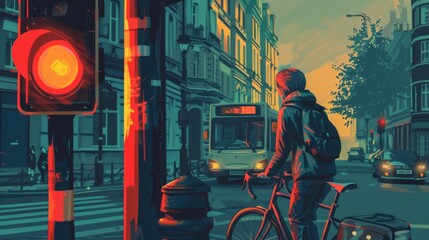 Aufkleber - A cyclist waiting at a traffic light showing red, with urban buildings and a bus in the background.