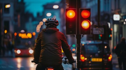 Aufkleber - A cyclist waiting at a traffic light showing red, with urban buildings and a bus in the background.
