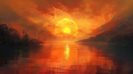 Poster - A digital painting of a golden sunrise over a tranquil landscape.