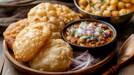 Wall Mural - A detailed shot of a spicy, tangy plate of chole bhature, with fluffy bhature and a bowl of chole garnished with onions