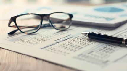 Aufkleber - A detailed view of a balance sheet and financial statement on a desk, with a pen and glasses next to it.