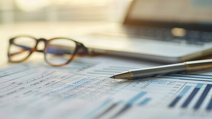 Aufkleber - A detailed view of a balance sheet and financial statement on a desk, with a pen and glasses next to it.
