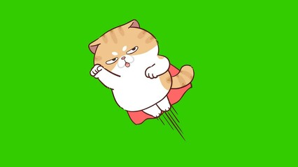 animated funny cat wearing a red cape flying in the sky - green screen
