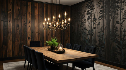 Dining room with wooden wallpaper and stylish black chandelier