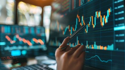 Poster - A detailed view of a stock market graph on a computer screen, with a hand holding a pen pointing at a trend line.