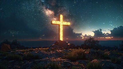 A glowing cross against a dark night sky.