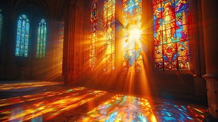 Wall Mural - A divine light shining through stained glass windows.