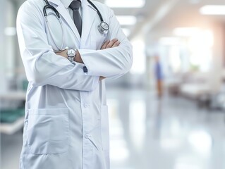 Wall Mural - Doctor in uniform holding stethoscope and crossed arms. Hospital or clinic background and copy space