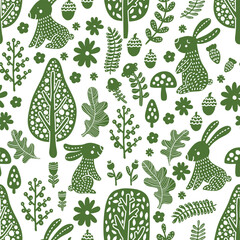 Wall Mural - Cute rabbits in the Scandinavian summer forest. Seamless template can be used for wallpapers, fill templates, web pages backgrounds, surface textures