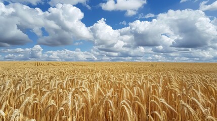 Poster - A field of golden wheat stretching to the horizon, with fluffy clouds overhead casting shadows that dance across the landscape.
