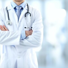 Wall Mural - Doctor in uniform holding stethoscope and crossed arms. Hospital or clinic background and copy space