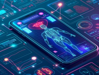 A smartphone displaying a digital human anatomy interface surrounded by futuristic medical data and graphics.