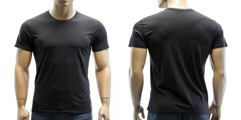 Black blank t-shirt front and back views on male clothes mannequins for mockup