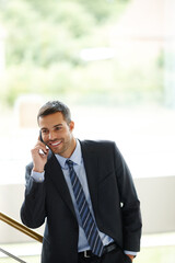 Poster - Phone call, chat or businessman in office talking for project, conversation or deal communication. Discussion, broker or happy financial advisor networking for investment, negotiation or good news
