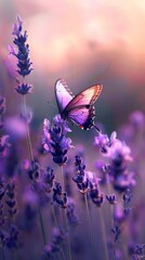 Wall Mural - Graceful Butterfly Floating Over a Lavender Meadow in Soft Light