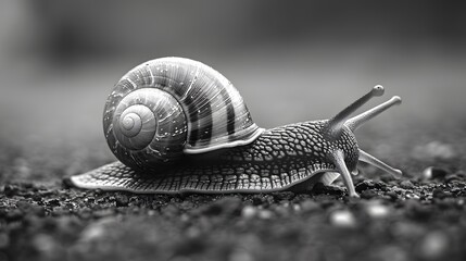 A black and white photo of a snail on the ground. The snail is small and has a spiral shell. The photo has a moody and mysterious feel to it, as the snail is the only thing visible in the image