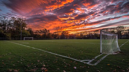 Wall Mural - Empty soccer field under dramatic sunset sky