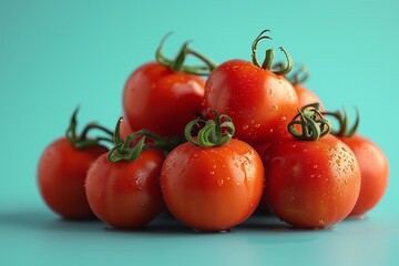 Pile of fresh red tomatoes with water droplets on a turquoise background.