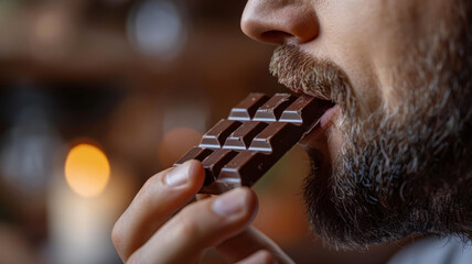 Man with beard eating a bar of chocolate.