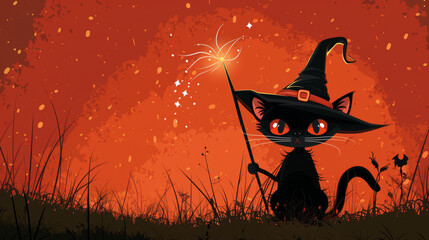 Black Cat as Tiny Wizard with Pointy Hat and Wand, Copyspace for Halloween on an orange background