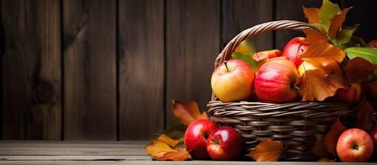 Wall Mural - Autumnal basket with apples and leaves on rustic wooden surface with copy space image