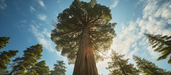 Sticker - view from the ground of a tall cypress tree with ample copy space image