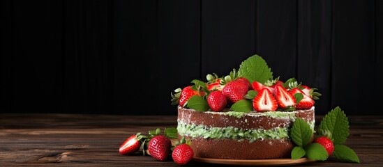 Wall Mural - Spinach cake garnished with strawberries kiwi and mint on a dark wooden backdrop providing ample copy space image