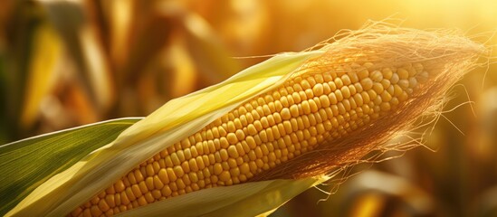 Sticker - A close up image of a mature corncob bathed in sunlight with half open husks revealing ripe golden kernels in a corn field with copy space image available