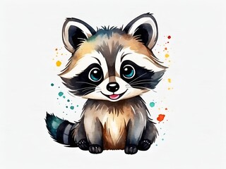 Colorful watercolor cute Raccoon illustration on a white background	