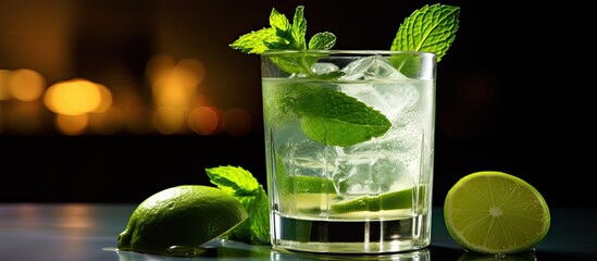 Poster - Creating a mojito with a mint leaf garnish accompanied by a lime wedge on the rim of the glass in a refreshing and stylish copy space image