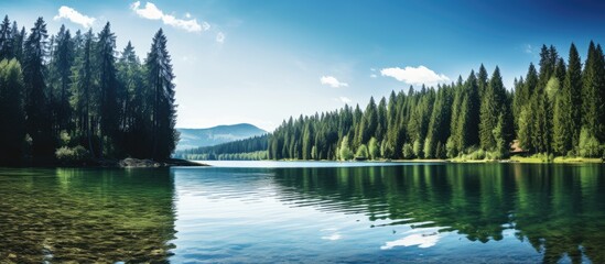 Wall Mural - scenic view of a tranquil lake surrounded by towering fir trees on a sunny summer day with a serene 