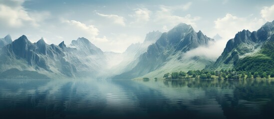 Wall Mural - Mountain landscapes set against a water backdrop providing a scenic view for a copy space image