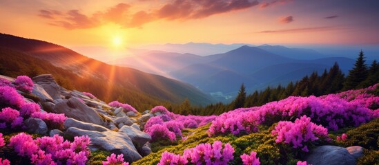 Summer mountain with enchanting pink rhododendron flowers perfect for a copy space image