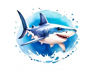Colorful watercolor cute Shark portrait illustration on a white background