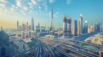 A modern city skyline with skyscrapers rising above a network of highways and bridges