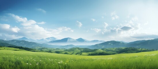 Poster - A scene of nature with a field mountains and sky in a serene green space suitable for a copy space image