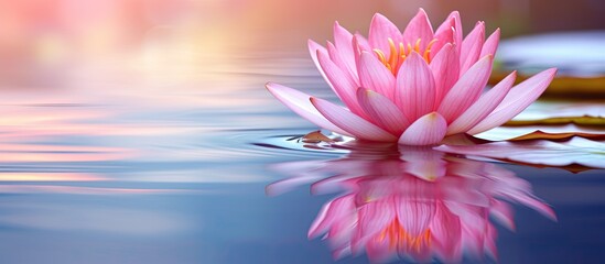 Lotus flower in shades of pink reflecting in the serene pool water with space for text or images. Copy space image. Place for adding text and design