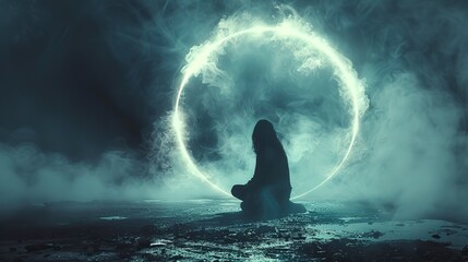 Wall Mural - A peaceful figure kneeling in a circle of light.