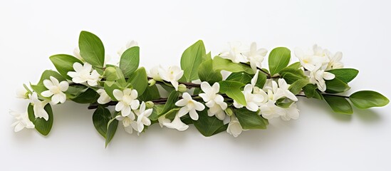 Wall Mural - A green plant with white flowers used for hair beauty set against a white background in a copy space image