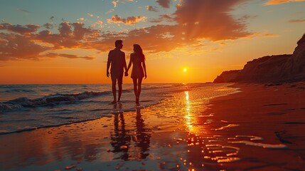 Wall Mural - silhouette of a couple walking on the beach at sunset