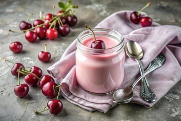 Wall Mural - A healthy, healthy breakfast. Homemade cherry yogurt with fresh cherry berries, vintage spoon and towel on a stylish gray background.