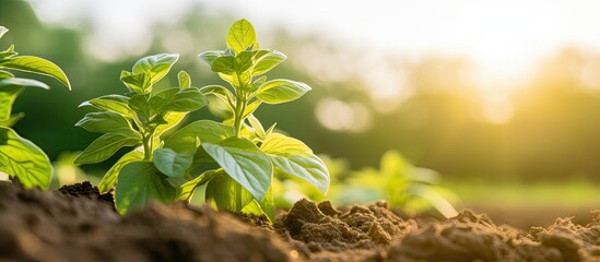 Canvas Print - Close up selective focus of a potato bush in the spring in the vegetable garden of a homestead farm with a copy space image