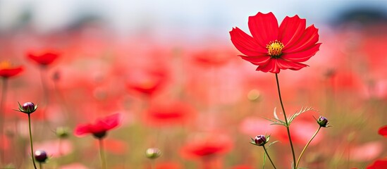 Sticker - Focus on a single red cosmos flower in a field with a colorful blurred background in an image with copy space