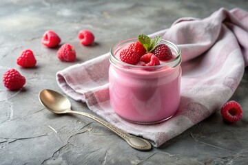 Wall Mural - A healthy, healthy breakfast. Homemade raspberry yogurt with fresh raspberries, vintage spoon and towel on a stylish gray background.