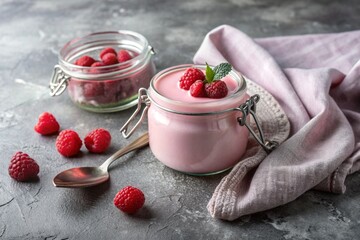 Wall Mural - A healthy, healthy breakfast. Homemade raspberry yogurt with fresh raspberries, vintage spoon and towel on a stylish gray background.