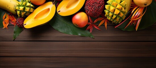 Sticker - Tropical fruits like mango and papaya displayed on a wooden background in a top view setting with copy space for text or images