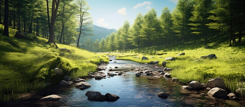 Scenic meadow with a tranquil brook and sunlight filtering through the trees perfect for a copy space image