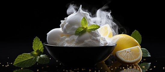 Wall Mural - Cold lemon ice cream paired with a delightful cake on a black backdrop in a visually appealing copy space image with white smoke for added effect