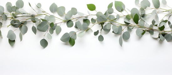 Poster - Branches of eucalyptus creating a textured pattern on a white background in a flat lay top view with copy space image