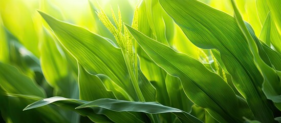 Canvas Print - Detailed close up image of green maize leaves in a natural setting with ample copy space image